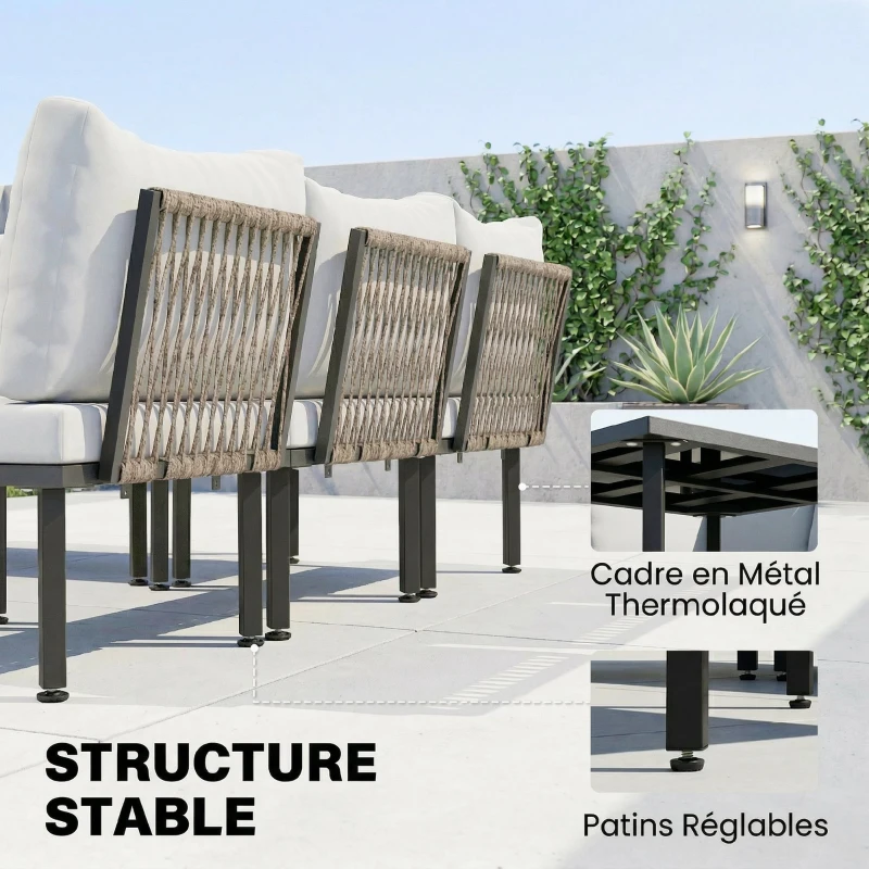 Outsunny Salon de jardin extérieur d'angle modulable 6 personnes, table basse avec plateau en verre trempé, gris clair