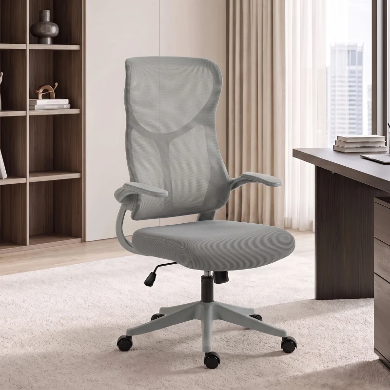 HOMCOM Silla de Escritorio Giratoria de Malla Reposabrazos Abatibles Respaldo Alto Función de Balanceo Altura Ajustable Gris
