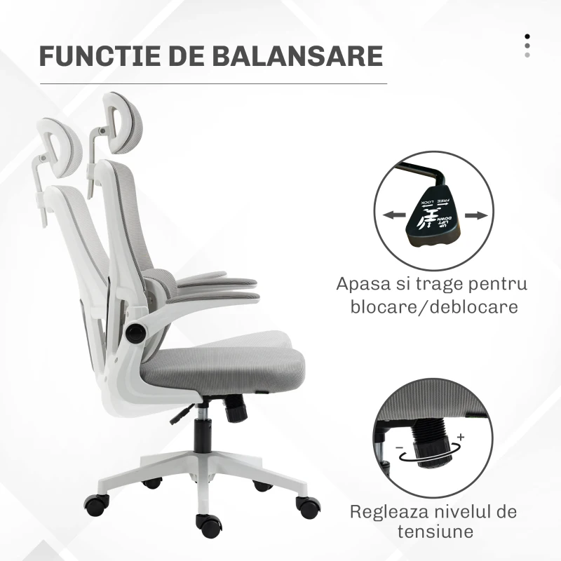 Vinsetto Scaun de Birou Ergonomic cu Înălțime Reglabilă și Tetieră, 60x59x114-122 cm, Gri
