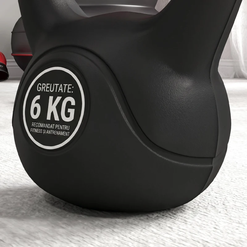 HOMCOM Kettlebell 6kg din plastic și nisip cu bază plată și mâner, 20x13x22 cm, negru