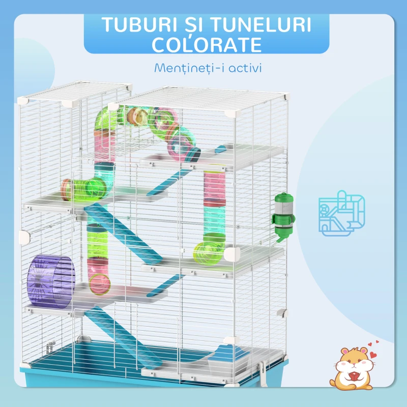 PawHut Cușcă pentru Hamsteri cu 6 Niveluri, Tunel, Roată, Rampe, Căsuță, Sticlă și Bol, Albastră