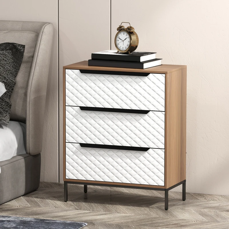 HOMCOM Cómoda com 3 Gavetas de Tecido Frentes com Padrão de Diamante Móvel de Arrumação 59,5x30x73,5 cm Madeira e Branco