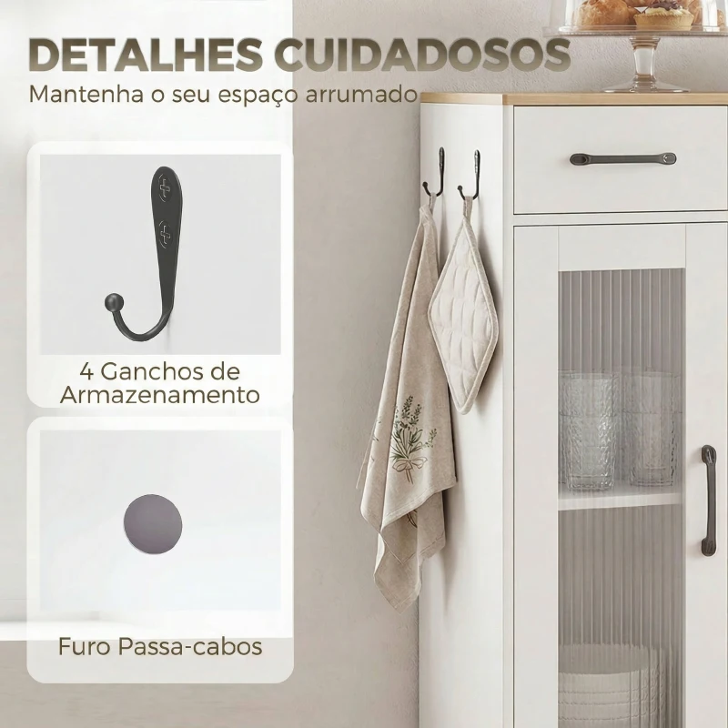 HOMCOM Aparador de Cozinha Moderno com Porta de Acrílico, Gaveta Prateleira Ajustável Compartimento Aberto, 80x34x91 cm Branco