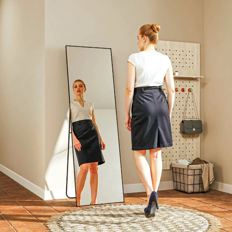 HOMCOM Grand miroir pleine longueur rectangulaire, 50 x 160 cm, miroir sur pied, mural ou pocé contre mur, noir