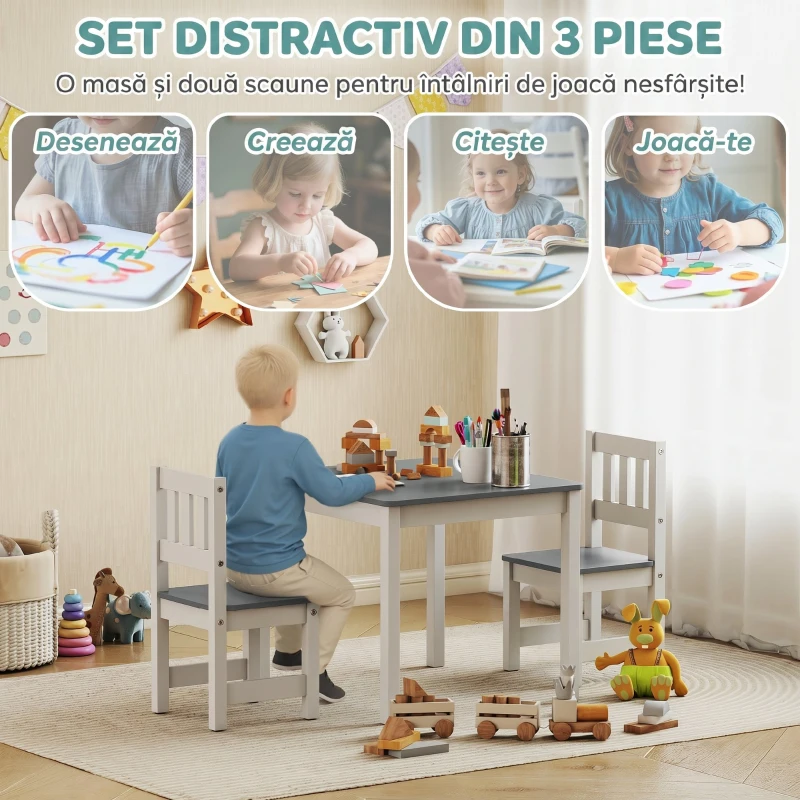 AIYAPLAY Set masă și scaune pentru copii de 3-8 ani, 3 piese din lemn cu margini rotunjite, gri și alb