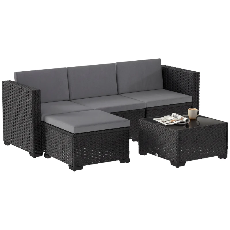 Outsunny Set Modular de Grădină din Rattan cu Perne, Canapea de Colț Gri, 5 Piese