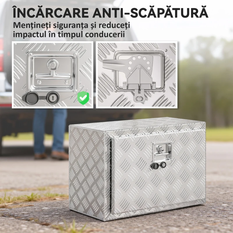 HOMCOM Cutie pentru Unelte de 76L din Aluminiu cu Încuietoare, 2 Chei și Mâner Lateral, 60,9x35,5x40,6 cm, Argintiu