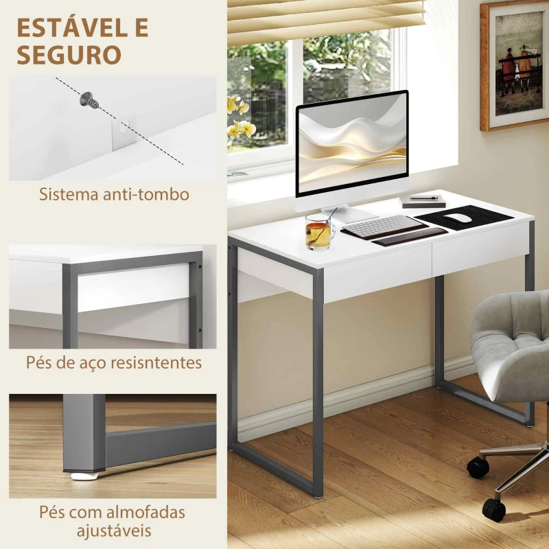 HOMCOM Secretária com 2 Gavetas 100x50 cm Mesa de Computador Pernas de Aço para Casa Escritório Espaços Pequenos Branco Brilhante