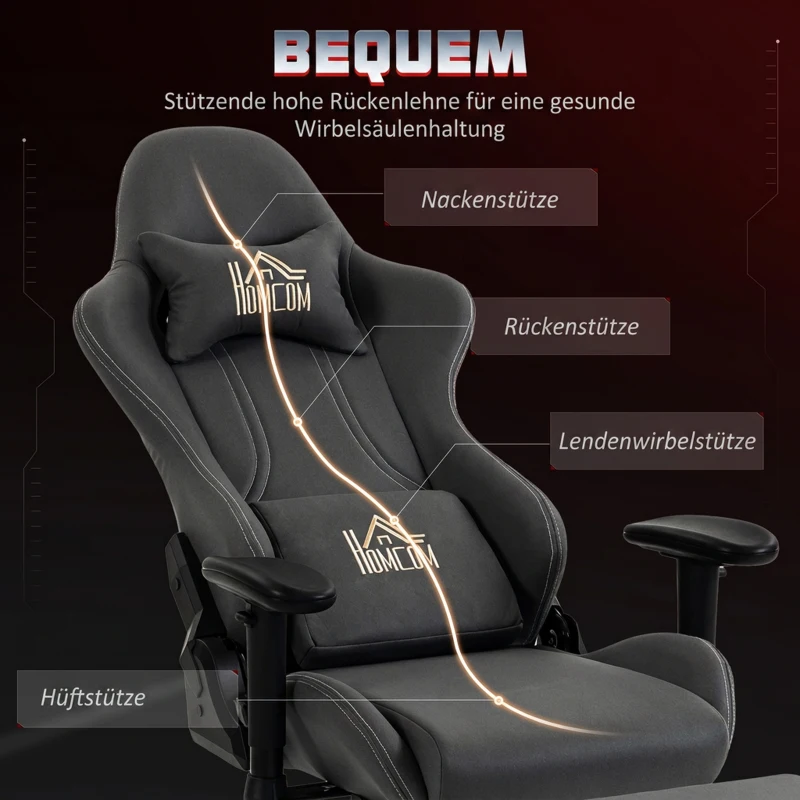 HOMCOM Ergonomischer Gaming-Stuhl mit 3D-Armlehnen, verstellbar, rollbarer Schreibtischstuhl mit Lendenstütze, Grau