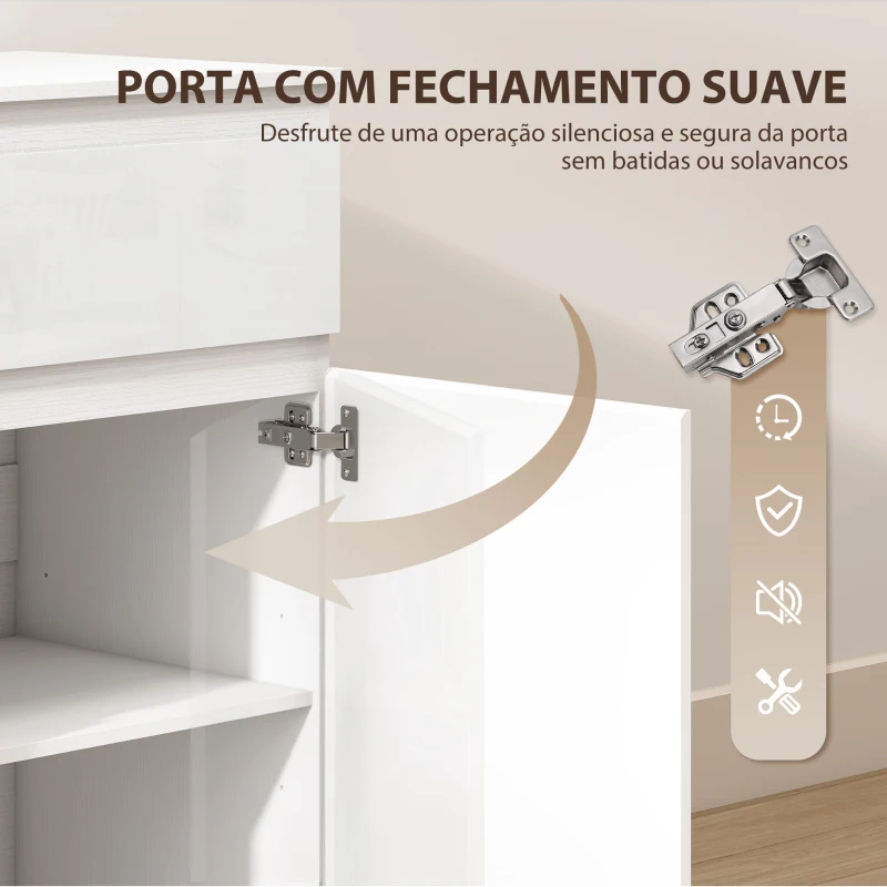HOMCOM Aparador de Sala com 5 Gavetas Prateleiras Ajustáveis e Porta com Fecho Suave 100x40x80 cm Branco Brilhante