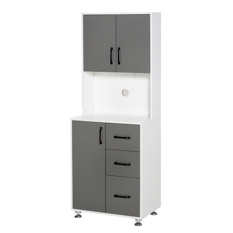 HOMCOM Küchenschrank Hochschrank mit 2 Türen Regal Mikrowellenregal Küchenbuffet mit unterem Aufbewahrungsschrank und 3 Schubladen Kommode Spanplatte Stahl Grau+Weiß 60 x 40 x 160 cm
