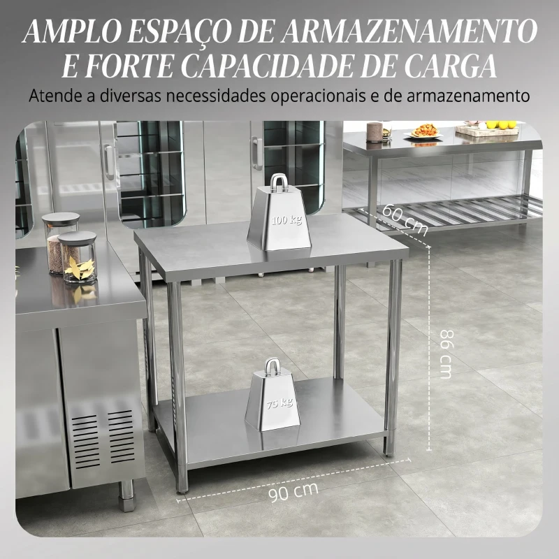 HOMCOM Mesa de Trabalho em Aço Inoxidável com 2 Prateleiras para Cozinha, Garagem e Oficina, Carga 100 kg, 90x60x86 cm, Prateado