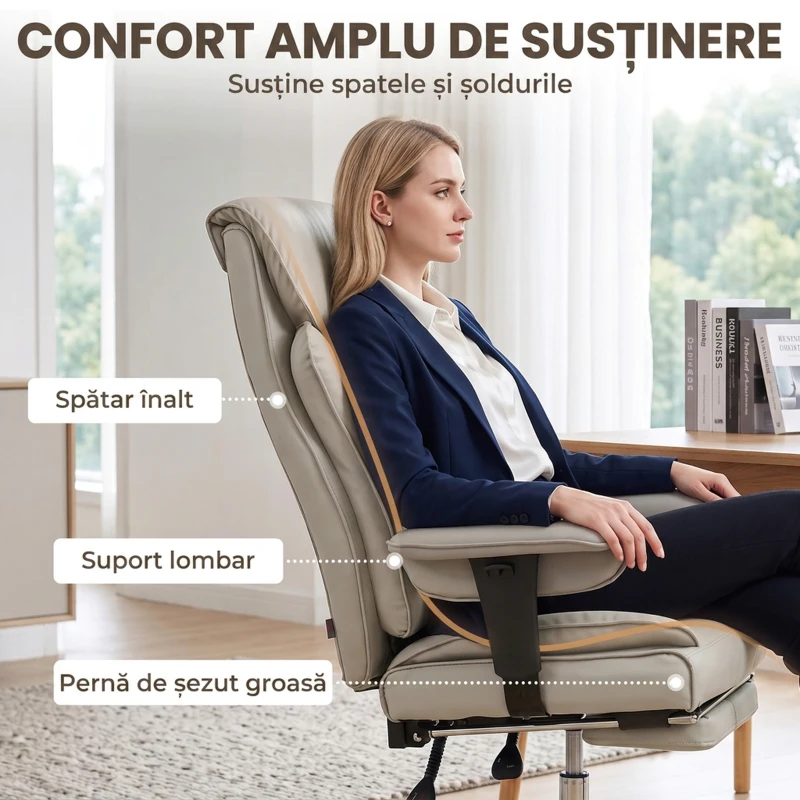 HOMCOM Scaun de Birou Rotativ Rabatabil 135°, Piele Ecologică, Suport pentru Picioare, Cotiere și Înălțime Reglabile, Gri Deschis