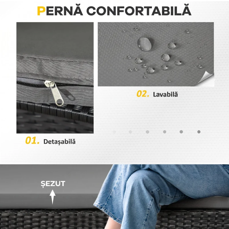 Outsunny Set Exterior Rattan PE cu Canapea, 2 Fotolii cu Perne și Măsuță din Sticlă, Negru și Gri