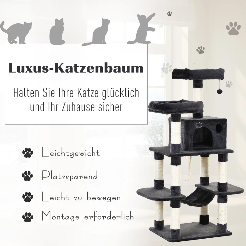 PawHut Katzenbaum Luxus mit Hängematte Katzenhaus Kletterbaum mit Hängematte und Katzenhaus Katzenspielturm Dunkelgrau 60 x 48 x 144 cm