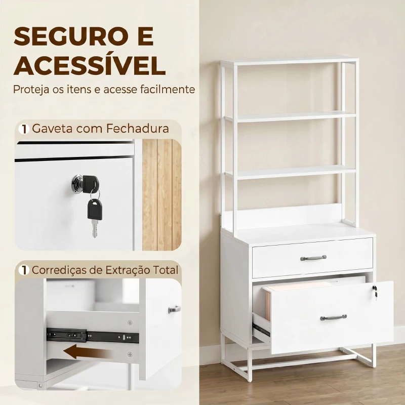 HOMCOM Arquivador com Prateleiras Móvel de Escritório com Prateleiras Gaveta para Arquivos A4 e Carta e Suporte para Impressora 70x40x157 cm Branco