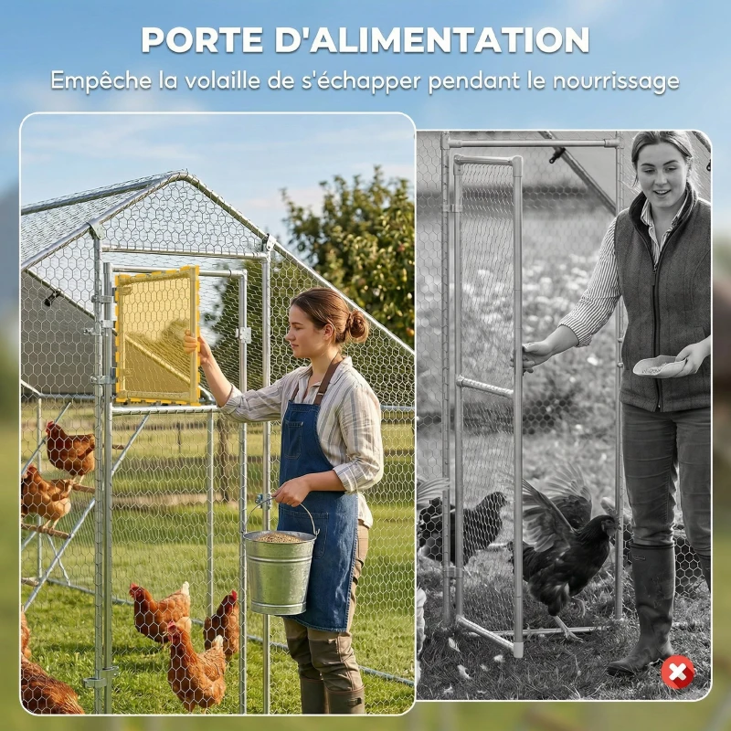 PawHut Enclos poulailler extérieur parc grillagé 12 m² avec perchoir et mangeoire acier galvanisé Ø25mm 300x400x195cm argent