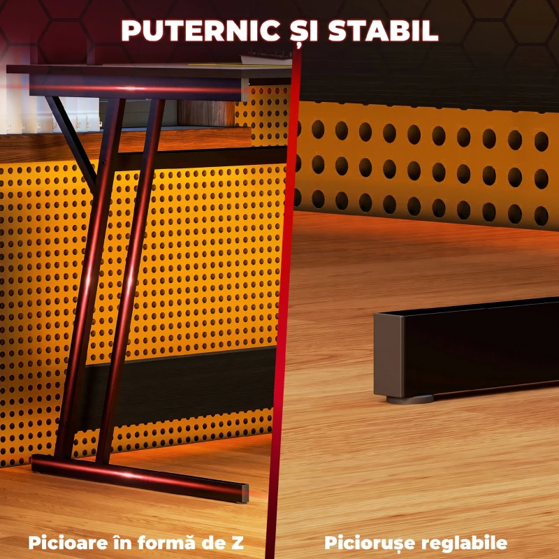 HOMCOM Birou Gaming cu Lumini LED și Suport pentru Monitor, din PAL și Oțel, 100x60x88.5 cm, Negru
