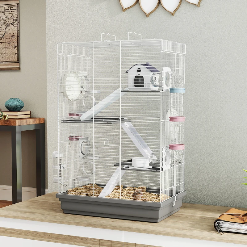 PawHut Gabbia per Criceti a 4 Livelli e 16 Tubi con Casetta, Rampa, e Accessori, in Metallo e Plastica, 47x30x70 cm, Grigio