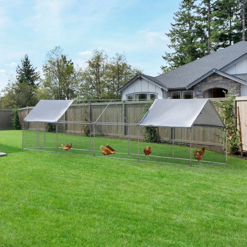 PawHut Pollaio per Galline in Metallo Zincato con Copertura Resistente Acqua e Raggi UV, 300x800x195cm