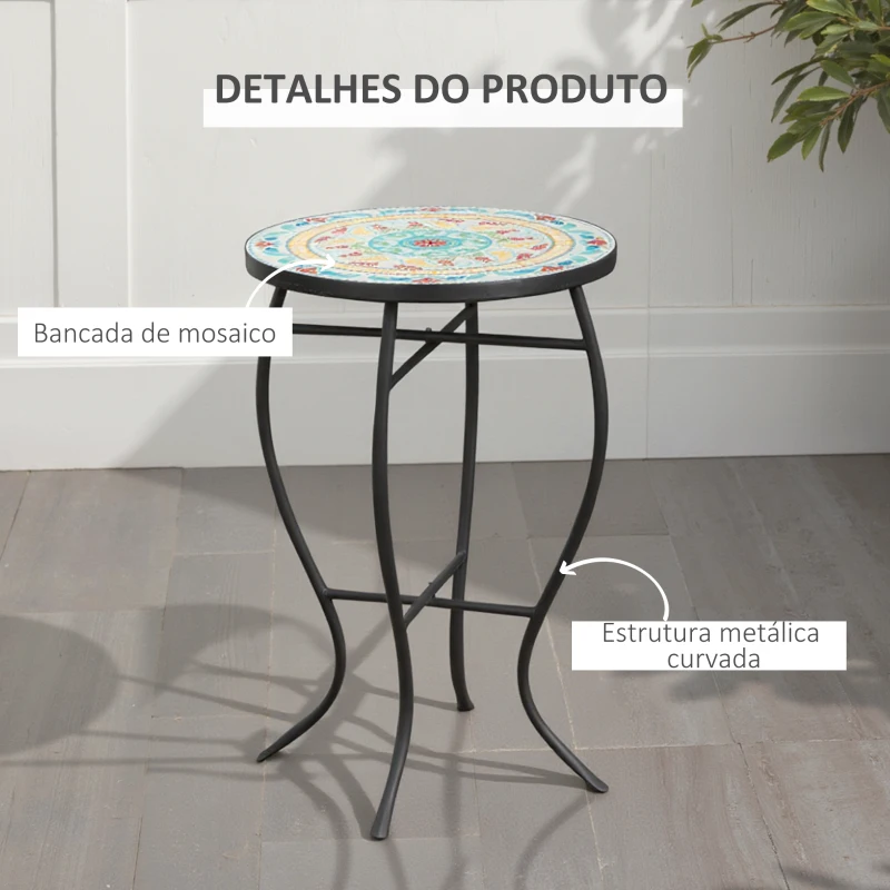 Outsunny Mesa de Jardim Redonda Mesa Auxiliar de Mosaico com Pés de Metal para Pátio Terraço Exterior Varanda Ø35,5x53,5 cm Turquesa