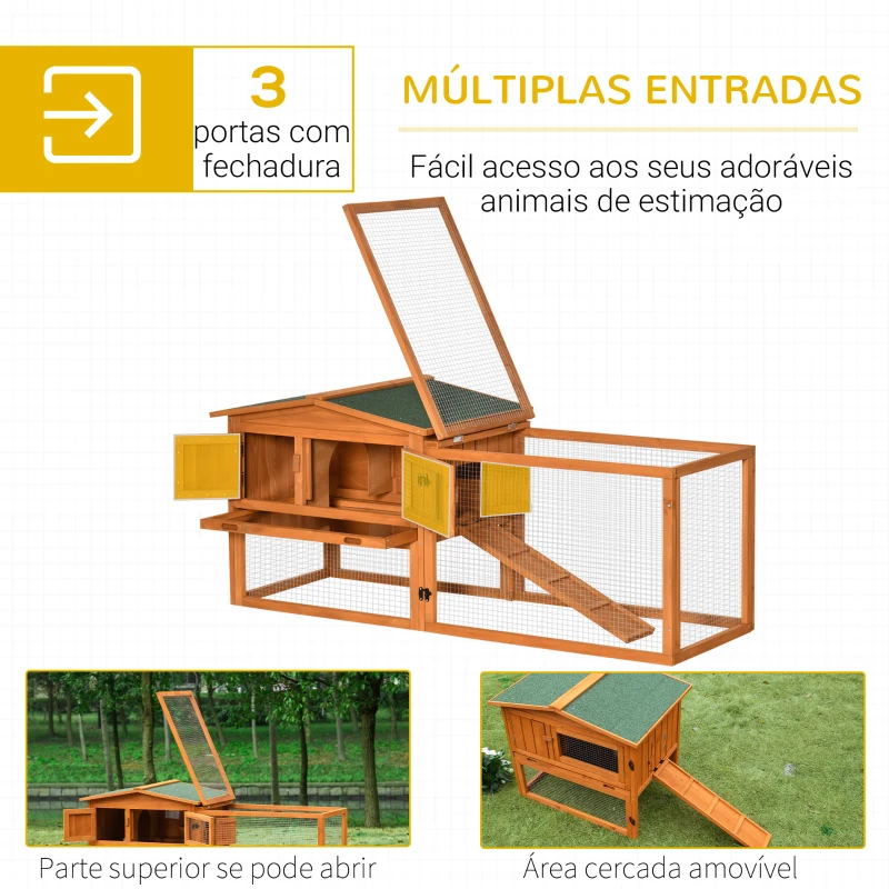 PawHut Coelheira de Madeira Exterior Gaiola para Coelhos de 2 Níveis com Teto Asfáltico 2 Áreas Cercadas Bandeja Removível 2 Portas Janela e Rampa 157,4x53x93,5cm Madeira Natural
