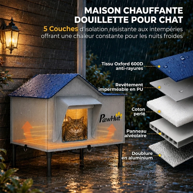 PawHut Niche Chauffante pour Chat d'Extérieur Imperméable Base Surélevée 5 cm Coussin Chauffant 55°C 51 x 41 x 55 cm Gris Clair