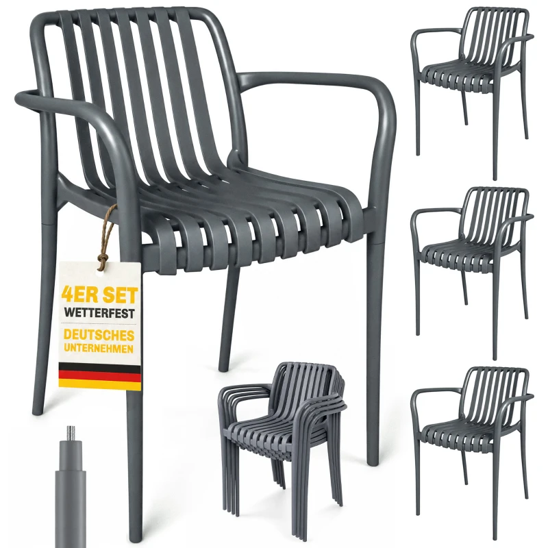 Outsunny Gartenstühle 4er Set Stapelbare Terrassenstühle mit Lamelldesign Armlehnen, Ergonomisch Dunkelgrau
