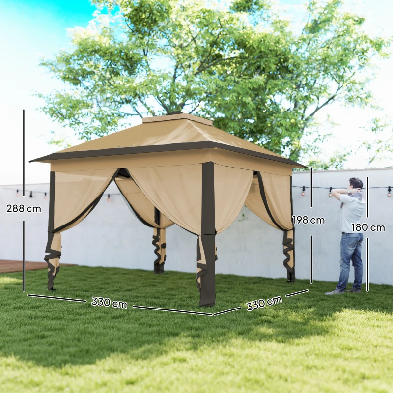 Outsunny Pérgola Dobrável Exterior com Altura Ajustável Teto Duplo  4 Mosquiteiras Removíveis e Bolsa de Transporte 3,3x3,3 m Bege