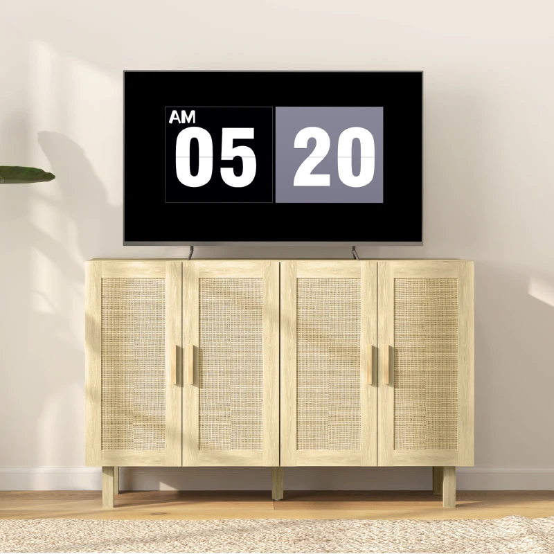 HOMCOM Aparador de Sala de Estar com 4 Portas com Rede em Vime e Prateleiras Ajustáveis Aparador para Cozinha 120x39,5x76 cm Madeira