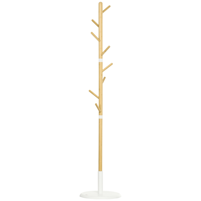 HOMCOM Cabide de Pé de Bambu Moderno com 8 Ganchos para Roupas Bolsas Ø37,8x175,6 cm Madeira e Branco