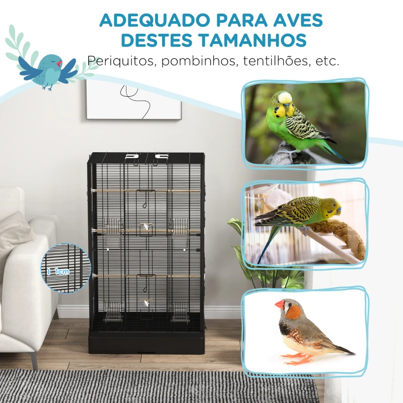 PawHut Gaiola para Pássaros 61x36,5x98 cm com Portas Poleiros Bandeja Removível e Alças para Canários Periquitos Preto