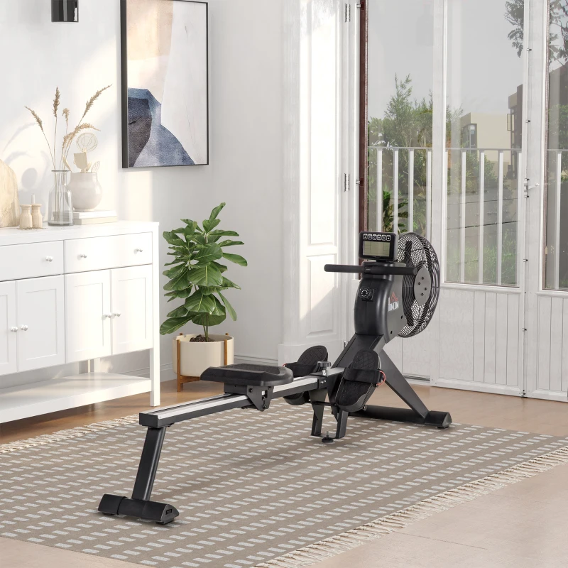 HOMCOM Rudergerät mit 16 Widerstandsstufen einklappbar rollbar 225 x 55 x 88cm Stahl Schwarz