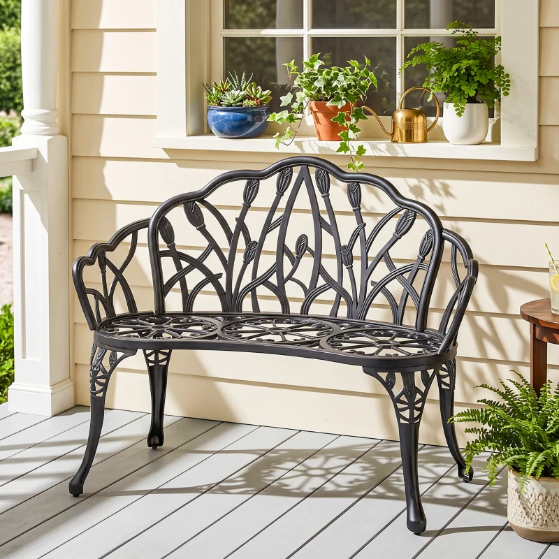 Outsunny Gartenbank 2-Sitzer Gussaluminium wetterfest Outdoor Sitzbank mit Tulpen-Rückenlehne Blumenmotiv 99 x 57 x 78 cm