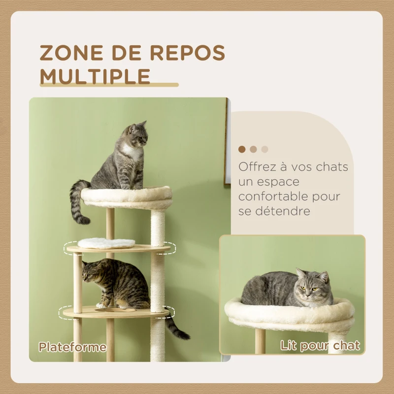 PawHut Arbre à chat griffoir grattoir avec poteaux sisal coussin amovible plateforme peluche et bois hauteur 123,5 cm beige