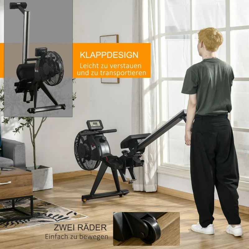 HOMCOM Rudergerät mit 16 Widerstandsstufen einklappbar rollbar 225 x 55 x 88cm Stahl Schwarz