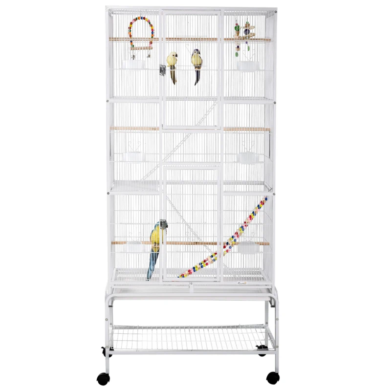 PawHut Gaiola para Pássaros com Rodas de 3 Níveis com 3 Poleiros Comedouros Brinquedos Rampas e Prateleira 83x53x180 cm Branco