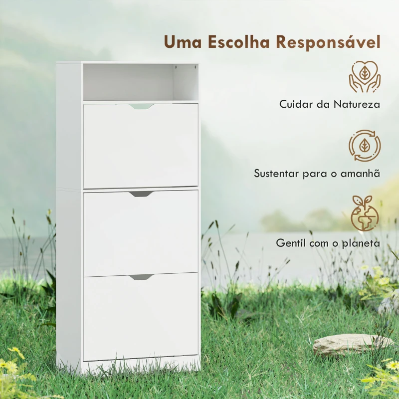 HOMCOM Sapateira Estreita com 3 Gavetas Rebatíveis Prateleiras Ajustáveis e Compartimento Aberto Capacidade para 12-18 Pares Branco