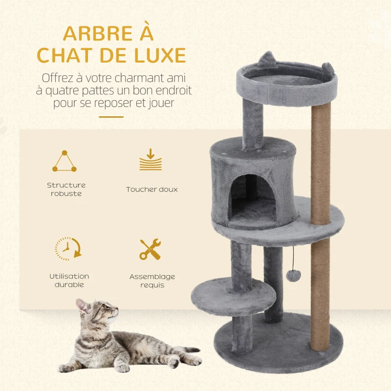 PawHut Arbre à chats multi-équipements griffoirs grattoirs plateformes niche jeu boule suspendue Ø 48 x 104H cm gris