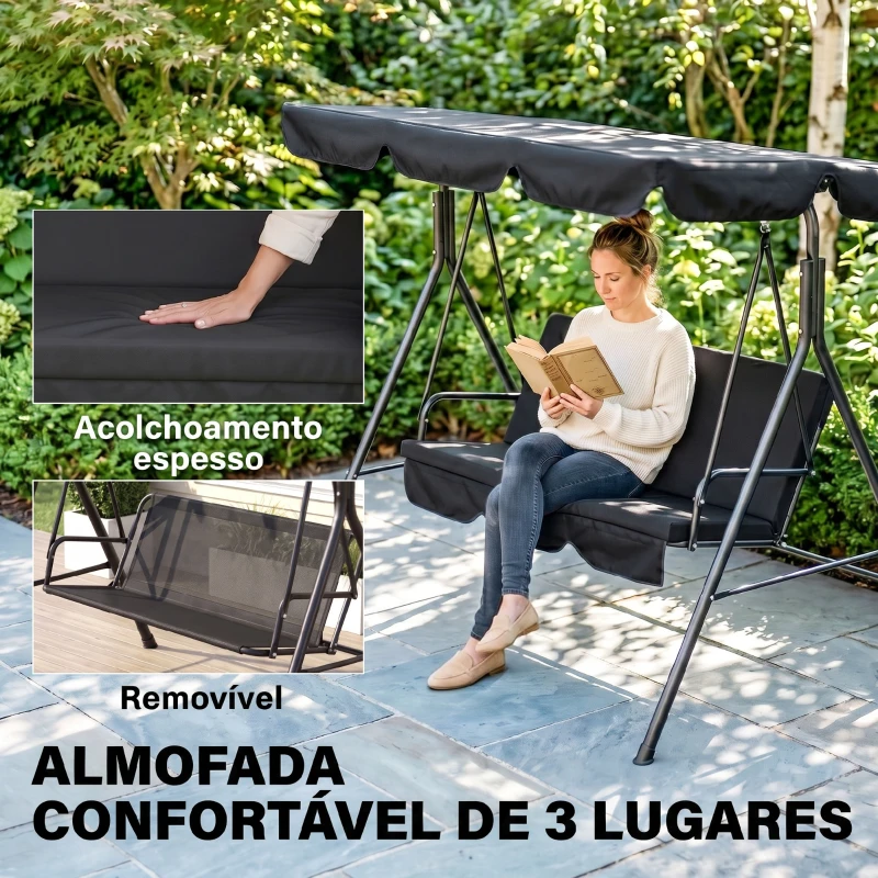 Outsunny Baloiço de Jardim de 3 Lugares com Almofada Toldo Ajustável e Estrutura de Aço para Balcão Terraço 172x110x153 cm Preto