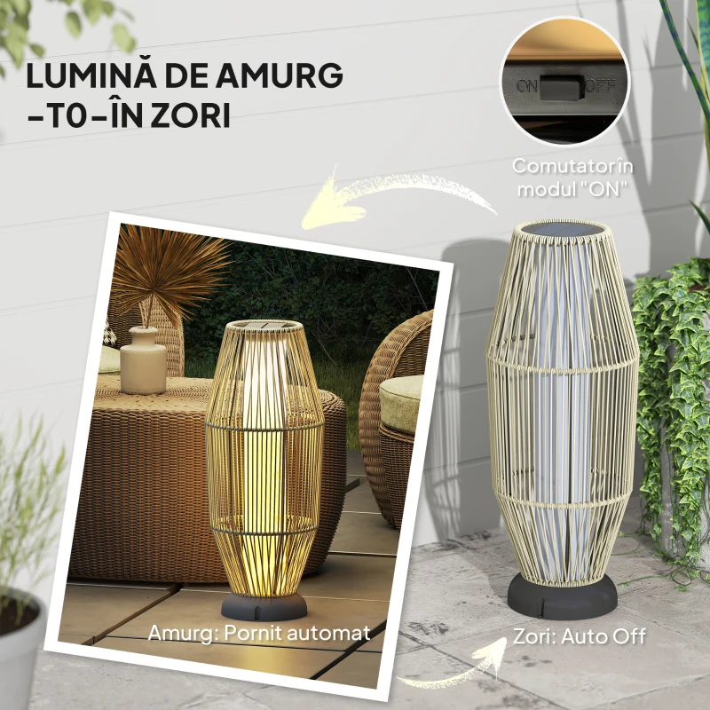 Outsunny Lampă Solară de Grădină cu iluminare LED, din PE, Ratan și Oțel, Ø26x72 cm, Gri