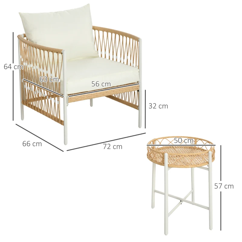 Outsunny Conjunto de Jardim Exterior com 2 Cadeiras e Mesa em Vime com Almofadas Acolchoadas para Varanda Terraço Bege e Creme