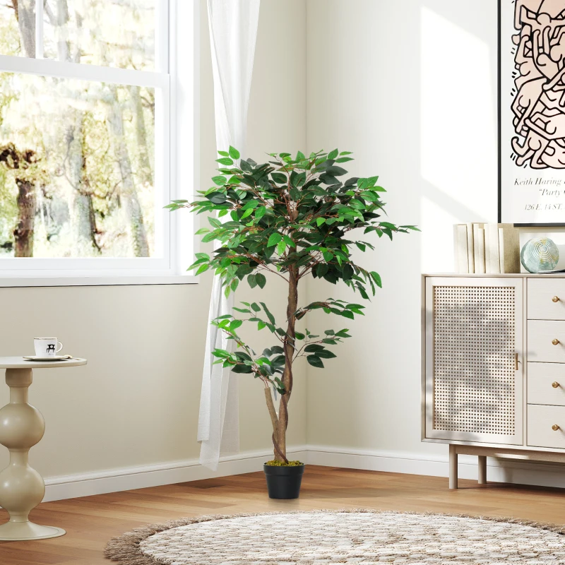 Outsunny Árvore de Chá Artificial 120 cm Planta Artificial com 546 Folhas Musgo e Vaso para Exterior Casa Sala de Estar Escritório Verde