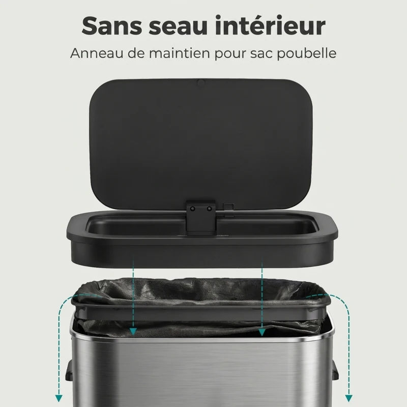 HOMCOM Poubelle de Cuisine Automatique 55L en Acier Inoxydable, Couvercle à Fermeture en Douceur, Fonctionne sur Piles, Argent
