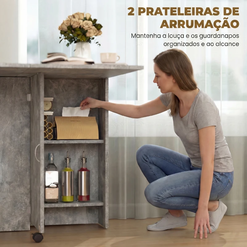 HOMCOM Mesa de Sala de Jantar Dobrável com 2 Prateleiras de Armazenamento e Rodas para Cozinha 75x140x74 cm Cinza