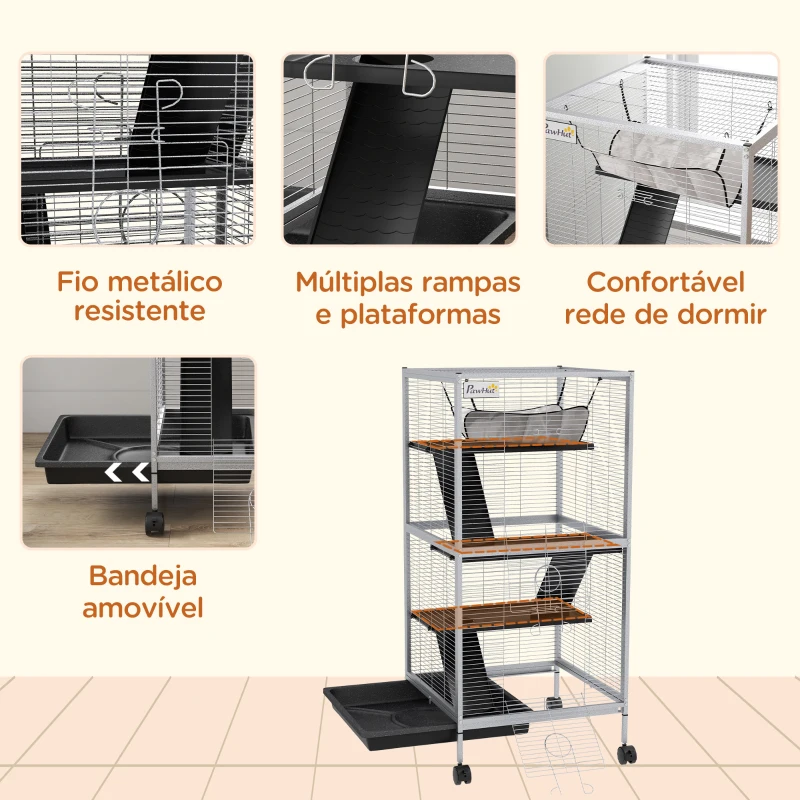PawHut Gaiola para Roedores 52x52x113,5 cm Gaiola para Furões com Rodas 2 Portas 3 Rampas Rede Suspensa e Bandeja Removível Branco
