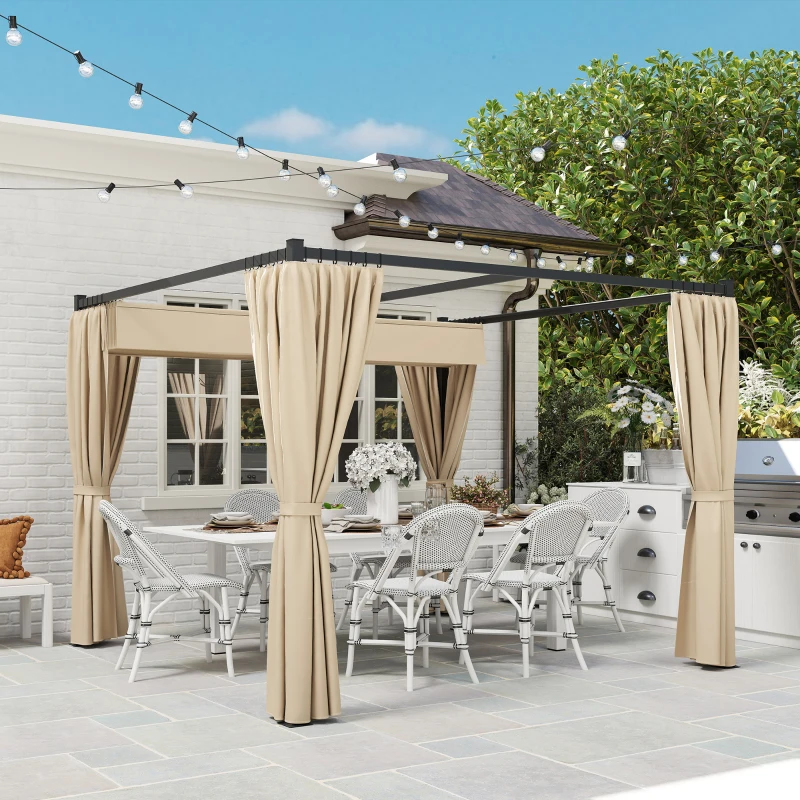 Outsunny Pérgola de Jardim 3x3 m Pérgola para Exterior com Teto e Paredes Laterais Retráteis Impermeável para Terraço Pátio Bege