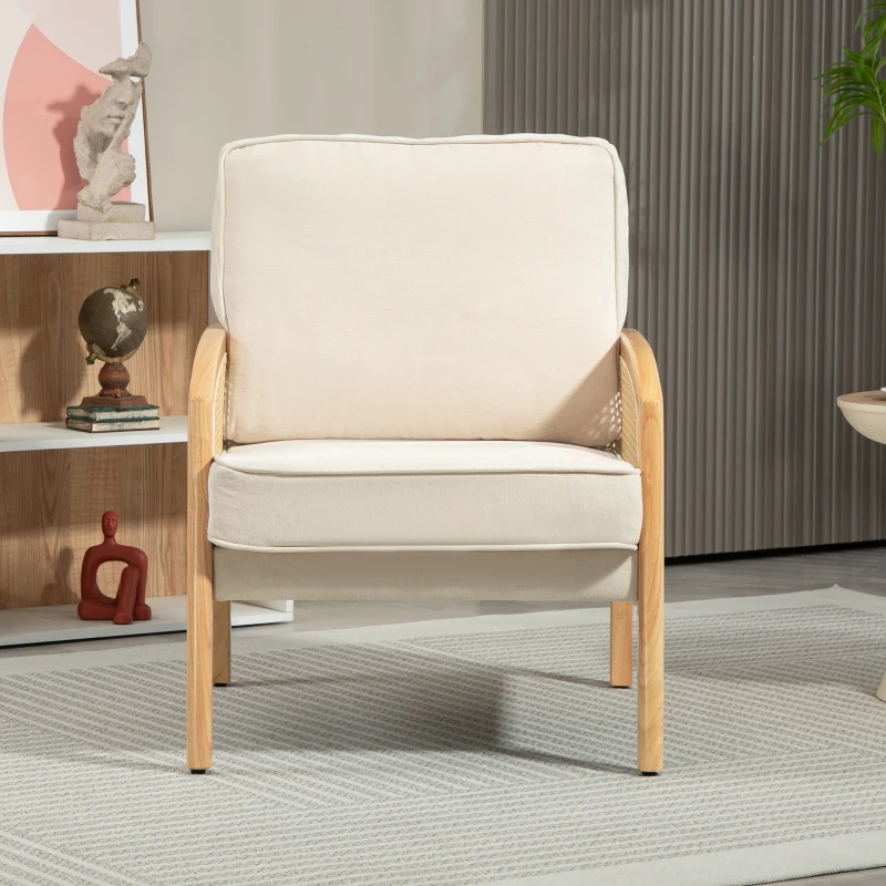 HOMCOM Poltrona Sala de Estar Moderna com Apoio para os Braços em Vime e Pés de Madeira para Escritório 67x75x88 cm Bege