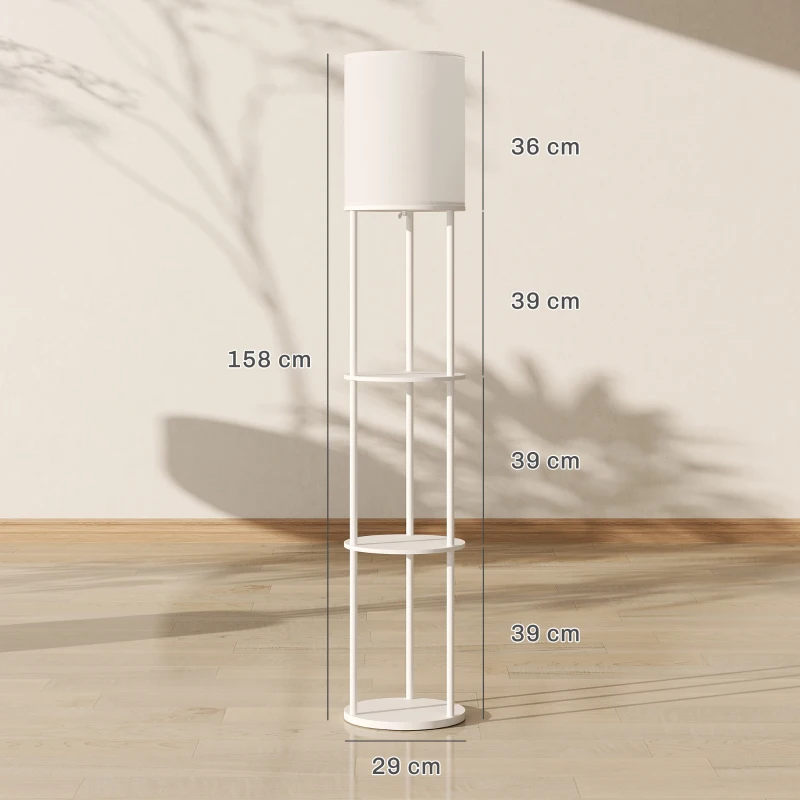 HOMCOM Candeeiro de Pé com Prateleiras 3 Temperaturas de Cor Controlo Remoto e Casquilho E27 Ø29x158 cm Branco