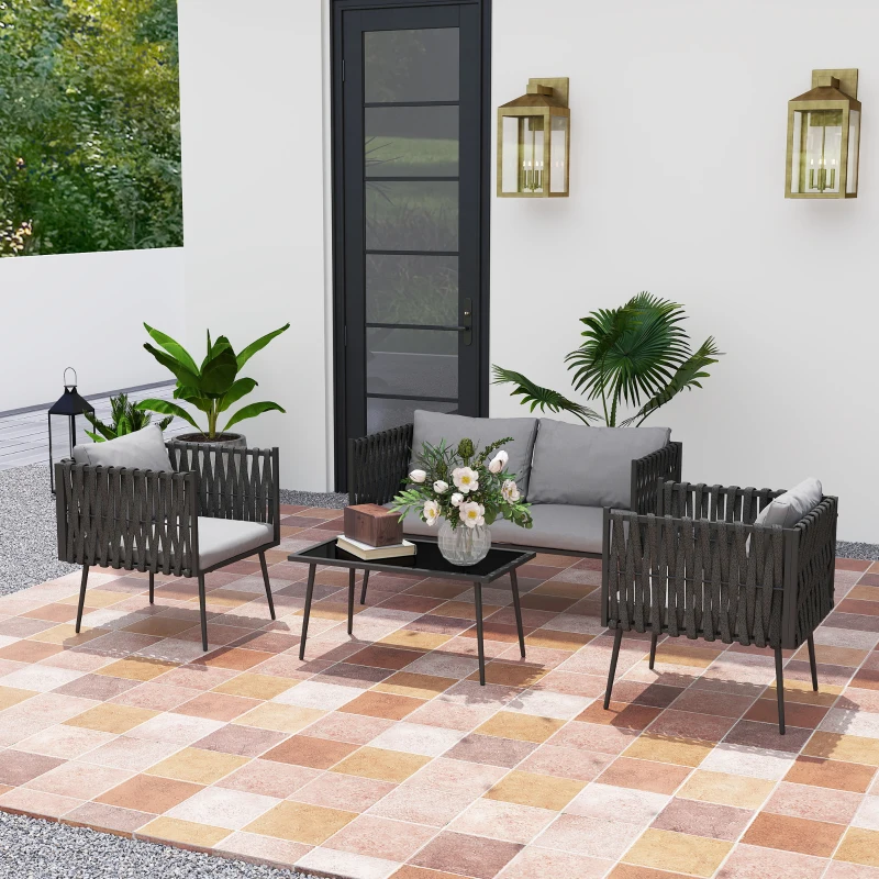 Outsunny Gartenmöbel Set 4 Personen wetterfest Balkonmöbel-Set mit 2er Sofa, Sessel Glastisch Sitzkissen Hellgrau
